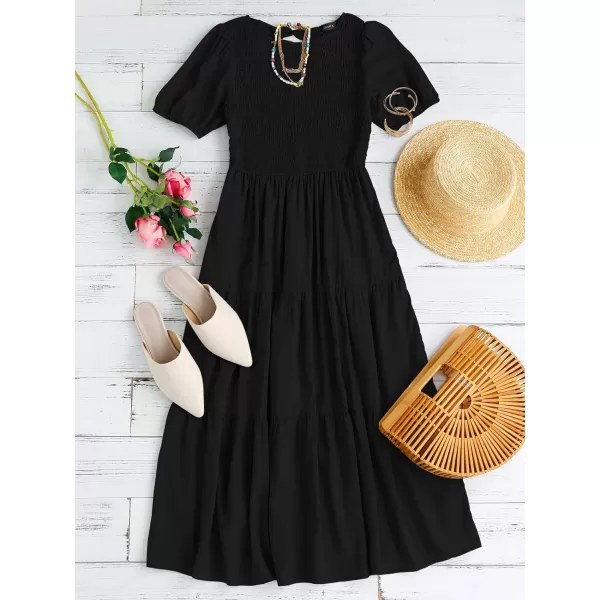 ZESICA Womens 2024 Casual Summer Crew Neck Short Puff Sleeve Smocked High Waist Ruffle Tiered A Line Midi DressBlack