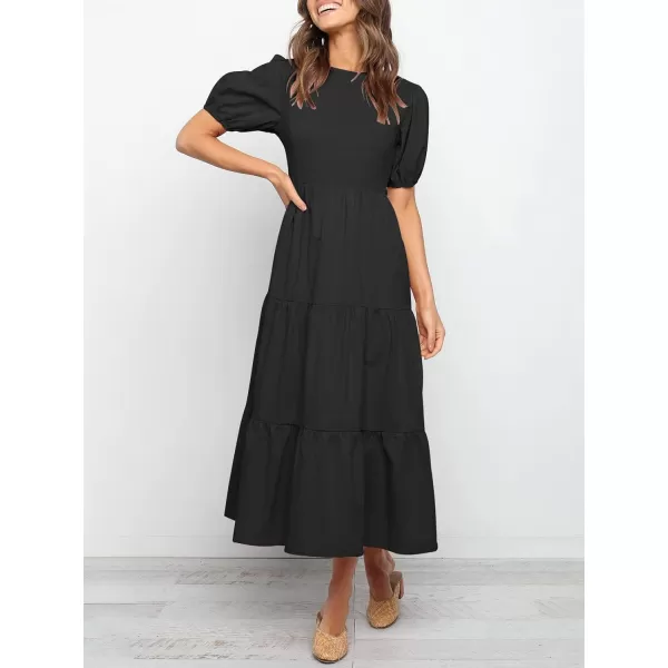 ZESICA Womens 2024 Casual Summer Crew Neck Short Puff Sleeve Smocked High Waist Ruffle Tiered A Line Midi DressBlack