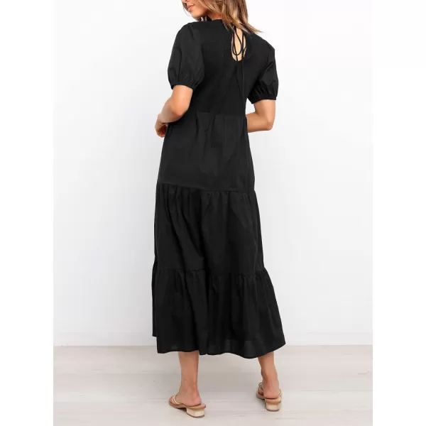 ZESICA Womens 2024 Casual Summer Crew Neck Short Puff Sleeve Smocked High Waist Ruffle Tiered A Line Midi DressBlack