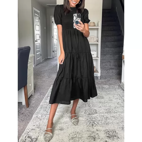 ZESICA Womens 2024 Casual Summer Crew Neck Short Puff Sleeve Smocked High Waist Ruffle Tiered A Line Midi DressBlack