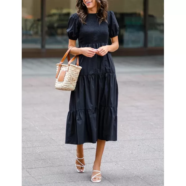 ZESICA Womens 2024 Casual Summer Crew Neck Short Puff Sleeve Smocked High Waist Ruffle Tiered A Line Midi DressBlack