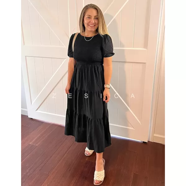 ZESICA Womens 2024 Casual Summer Crew Neck Short Puff Sleeve Smocked High Waist Ruffle Tiered A Line Midi DressBlack