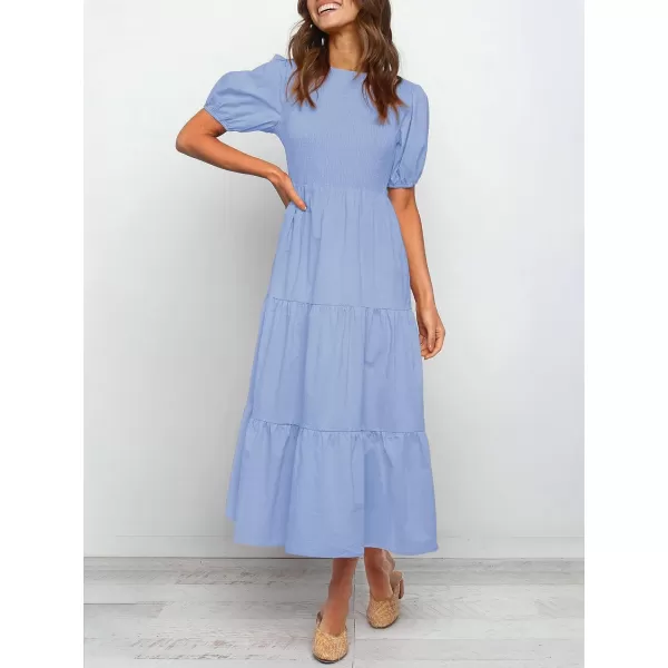 ZESICA Womens 2024 Casual Summer Crew Neck Short Puff Sleeve Smocked High Waist Ruffle Tiered A Line Midi DressBlue