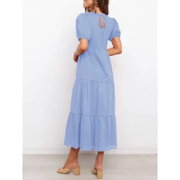 ZESICA Womens 2024 Casual Summer Crew Neck Short Puff Sleeve Smocked High Waist Ruffle Tiered A Line Midi DressBlue