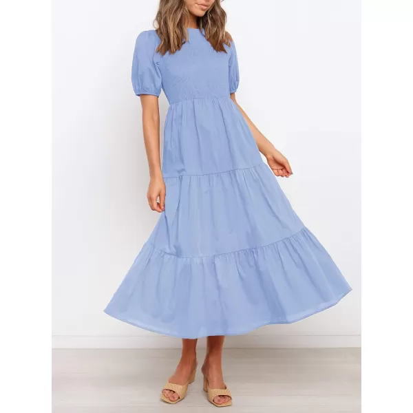 ZESICA Womens 2024 Casual Summer Crew Neck Short Puff Sleeve Smocked High Waist Ruffle Tiered A Line Midi DressBlue