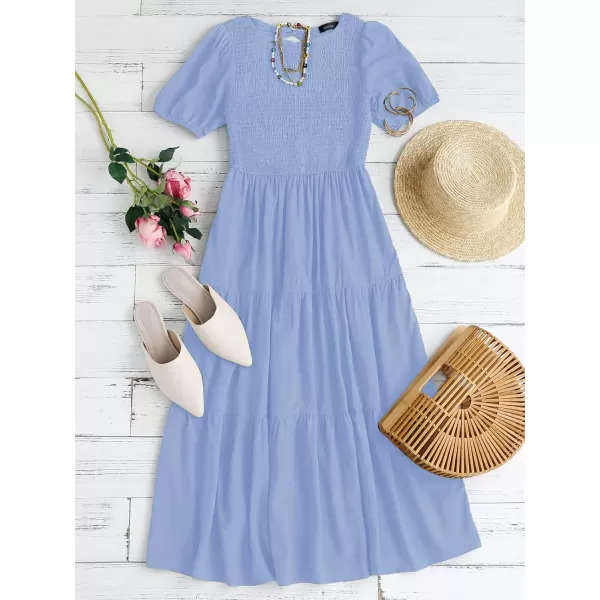 ZESICA Womens 2024 Casual Summer Crew Neck Short Puff Sleeve Smocked High Waist Ruffle Tiered A Line Midi DressBlue