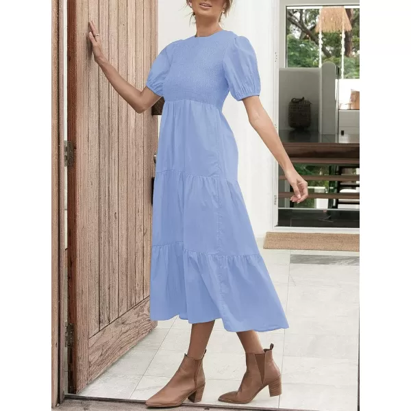 ZESICA Womens 2024 Casual Summer Crew Neck Short Puff Sleeve Smocked High Waist Ruffle Tiered A Line Midi DressBlue