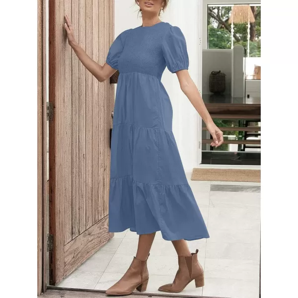 ZESICA Womens 2024 Casual Summer Crew Neck Short Puff Sleeve Smocked High Waist Ruffle Tiered A Line Midi DressDustyblue