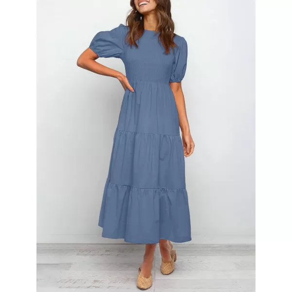 ZESICA Womens 2024 Casual Summer Crew Neck Short Puff Sleeve Smocked High Waist Ruffle Tiered A Line Midi DressDustyblue