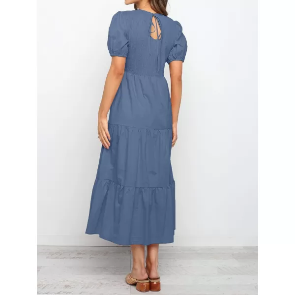 ZESICA Womens 2024 Casual Summer Crew Neck Short Puff Sleeve Smocked High Waist Ruffle Tiered A Line Midi DressDustyblue