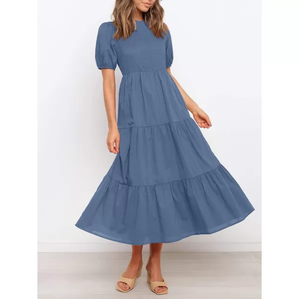 ZESICA Womens 2024 Casual Summer Crew Neck Short Puff Sleeve Smocked High Waist Ruffle Tiered A Line Midi DressDustyblue