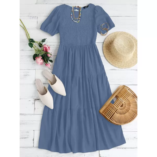 ZESICA Womens 2024 Casual Summer Crew Neck Short Puff Sleeve Smocked High Waist Ruffle Tiered A Line Midi DressDustyblue