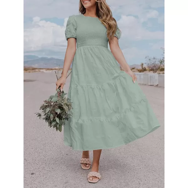 ZESICA Womens 2024 Casual Summer Crew Neck Short Puff Sleeve Smocked High Waist Ruffle Tiered A Line Midi DressDustygreen