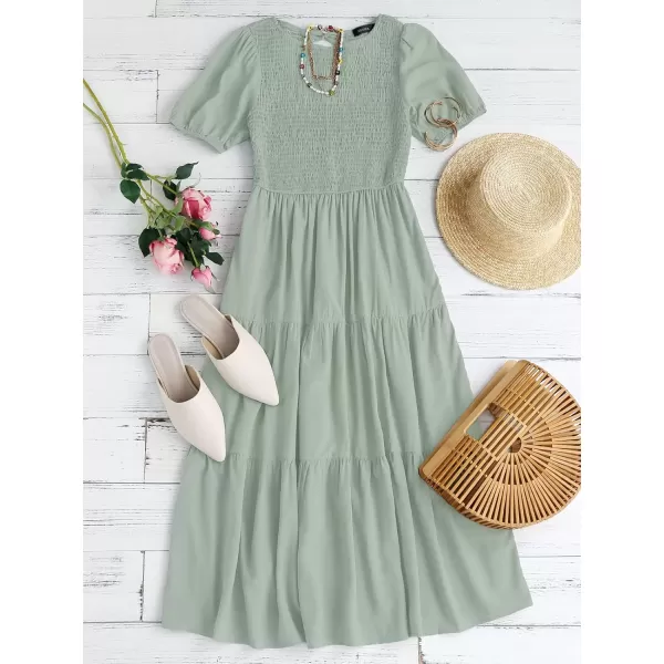 ZESICA Womens 2024 Casual Summer Crew Neck Short Puff Sleeve Smocked High Waist Ruffle Tiered A Line Midi DressDustygreen