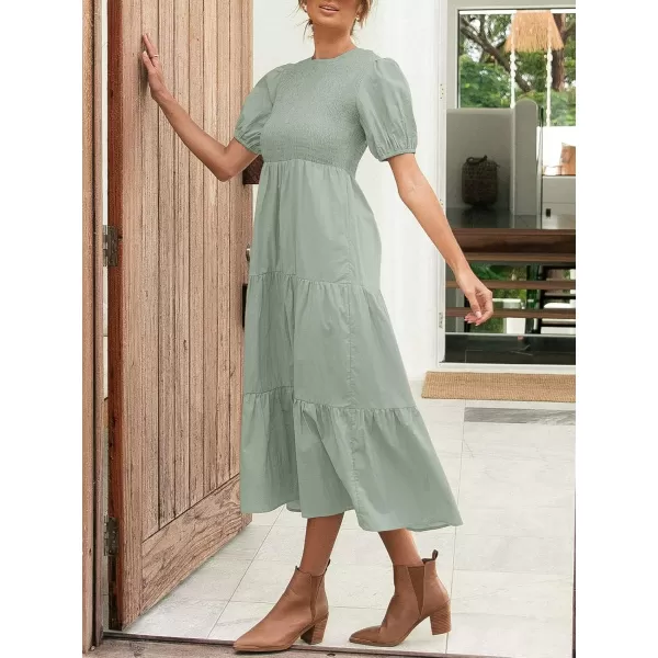 ZESICA Womens 2024 Casual Summer Crew Neck Short Puff Sleeve Smocked High Waist Ruffle Tiered A Line Midi DressDustygreen