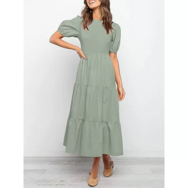 ZESICA Womens 2024 Casual Summer Crew Neck Short Puff Sleeve Smocked High Waist Ruffle Tiered A Line Midi DressDustygreen