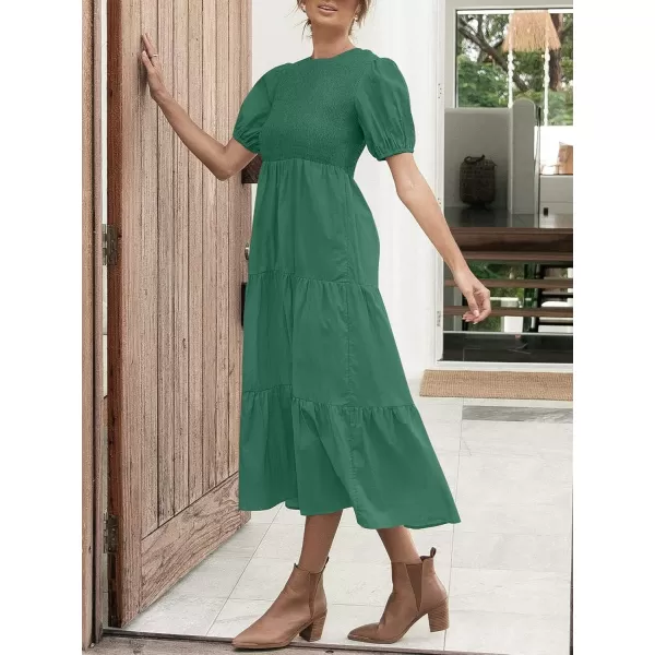 ZESICA Womens 2024 Casual Summer Crew Neck Short Puff Sleeve Smocked High Waist Ruffle Tiered A Line Midi DressForestgreen