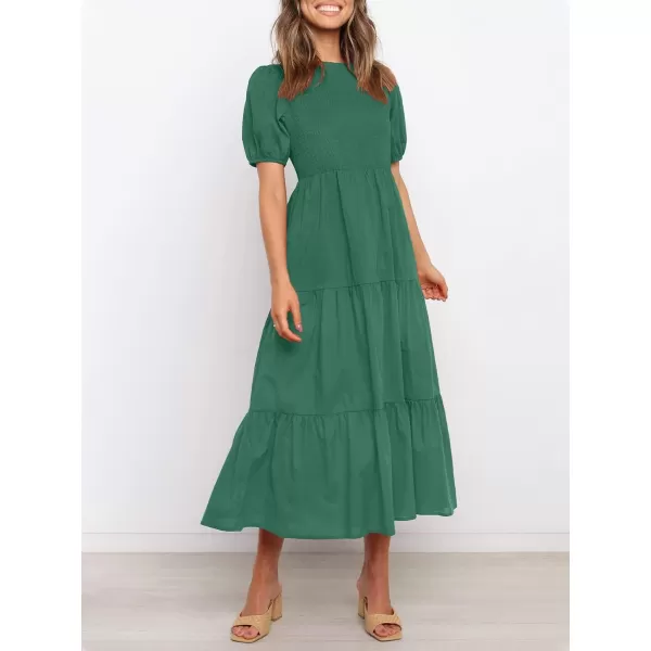 ZESICA Womens 2024 Casual Summer Crew Neck Short Puff Sleeve Smocked High Waist Ruffle Tiered A Line Midi DressForestgreen