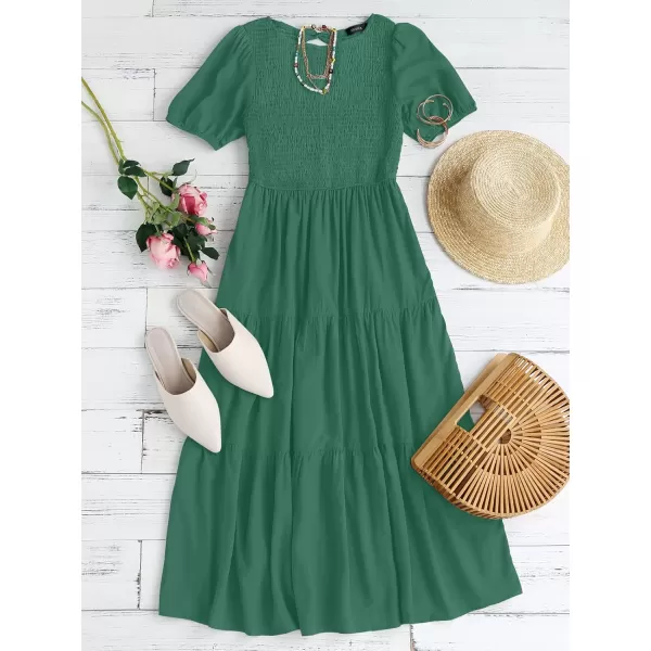 ZESICA Womens 2024 Casual Summer Crew Neck Short Puff Sleeve Smocked High Waist Ruffle Tiered A Line Midi DressForestgreen