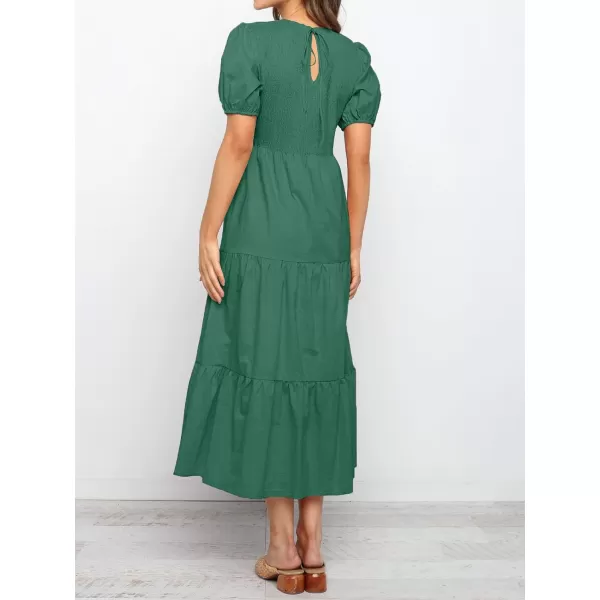 ZESICA Womens 2024 Casual Summer Crew Neck Short Puff Sleeve Smocked High Waist Ruffle Tiered A Line Midi DressForestgreen