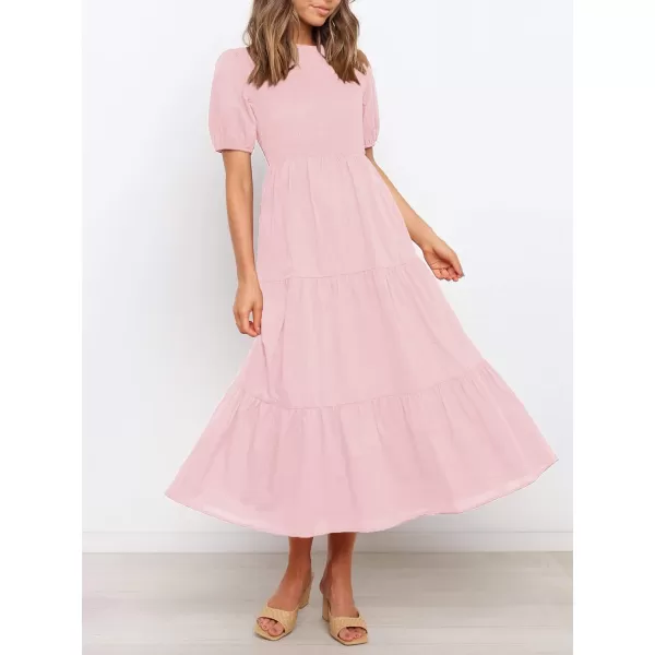 ZESICA Womens 2024 Casual Summer Crew Neck Short Puff Sleeve Smocked High Waist Ruffle Tiered A Line Midi DressLightpink