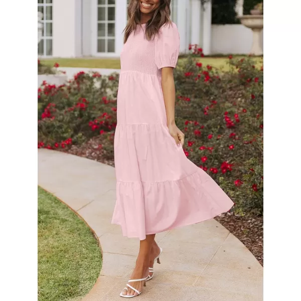 ZESICA Womens 2024 Casual Summer Crew Neck Short Puff Sleeve Smocked High Waist Ruffle Tiered A Line Midi DressLightpink
