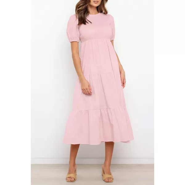 ZESICA Womens 2024 Casual Summer Crew Neck Short Puff Sleeve Smocked High Waist Ruffle Tiered A Line Midi DressLightpink