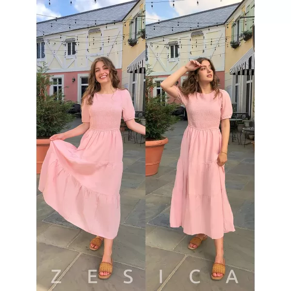 ZESICA Womens 2024 Casual Summer Crew Neck Short Puff Sleeve Smocked High Waist Ruffle Tiered A Line Midi DressLightpink