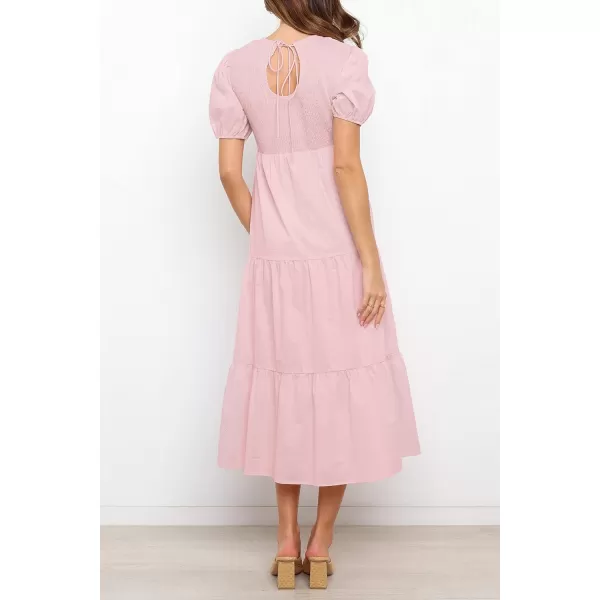 ZESICA Womens 2024 Casual Summer Crew Neck Short Puff Sleeve Smocked High Waist Ruffle Tiered A Line Midi DressLightpink