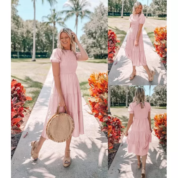 ZESICA Womens 2024 Casual Summer Crew Neck Short Puff Sleeve Smocked High Waist Ruffle Tiered A Line Midi DressLightpink