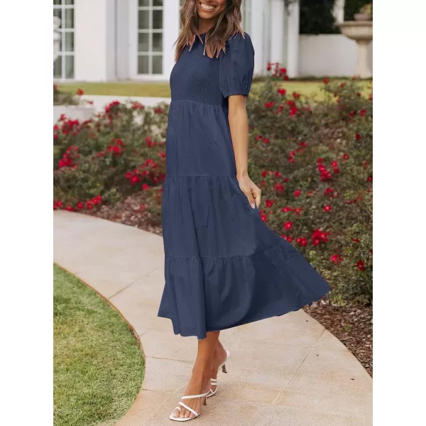 ZESICA Womens 2024 Casual Summer Crew Neck Short Puff Sleeve Smocked High Waist Ruffle Tiered A Line Midi DressNavy