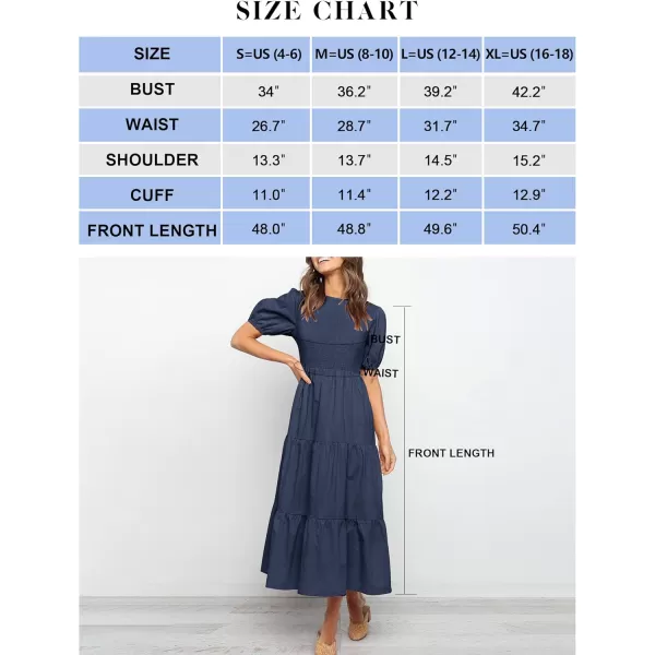 ZESICA Womens 2024 Casual Summer Crew Neck Short Puff Sleeve Smocked High Waist Ruffle Tiered A Line Midi DressNavy