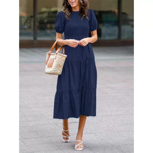 ZESICA Womens 2024 Casual Summer Crew Neck Short Puff Sleeve Smocked High Waist Ruffle Tiered A Line Midi DressNavy
