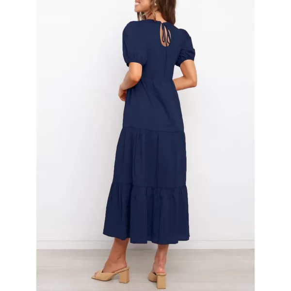 ZESICA Womens 2024 Casual Summer Crew Neck Short Puff Sleeve Smocked High Waist Ruffle Tiered A Line Midi DressNavy
