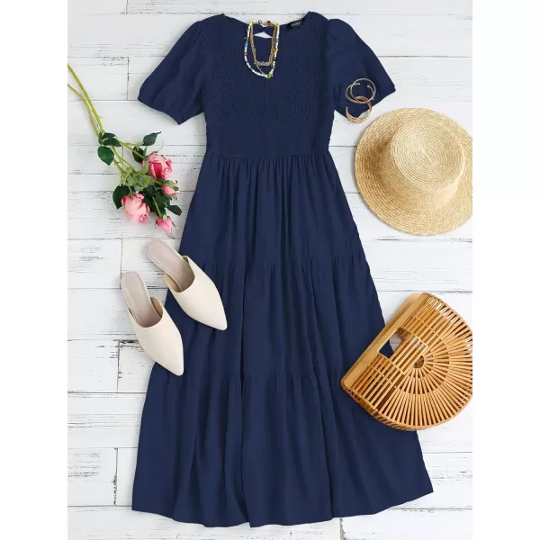 ZESICA Womens 2024 Casual Summer Crew Neck Short Puff Sleeve Smocked High Waist Ruffle Tiered A Line Midi DressNavy