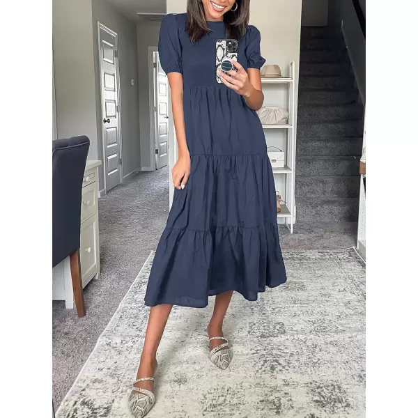 ZESICA Womens 2024 Casual Summer Crew Neck Short Puff Sleeve Smocked High Waist Ruffle Tiered A Line Midi DressNavy