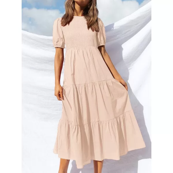 ZESICA Womens 2024 Casual Summer Crew Neck Short Puff Sleeve Smocked High Waist Ruffle Tiered A Line Midi DressPink