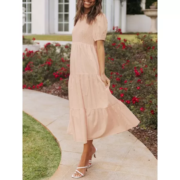ZESICA Womens 2024 Casual Summer Crew Neck Short Puff Sleeve Smocked High Waist Ruffle Tiered A Line Midi DressPink