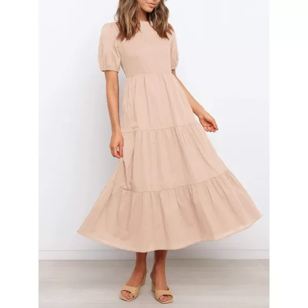ZESICA Womens 2024 Casual Summer Crew Neck Short Puff Sleeve Smocked High Waist Ruffle Tiered A Line Midi DressPink