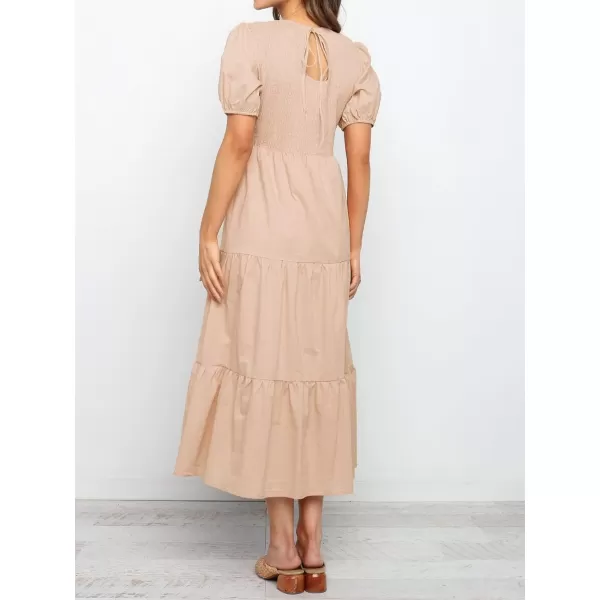 ZESICA Womens 2024 Casual Summer Crew Neck Short Puff Sleeve Smocked High Waist Ruffle Tiered A Line Midi DressPink