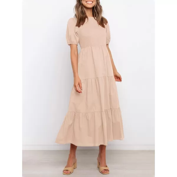 ZESICA Womens 2024 Casual Summer Crew Neck Short Puff Sleeve Smocked High Waist Ruffle Tiered A Line Midi DressPink