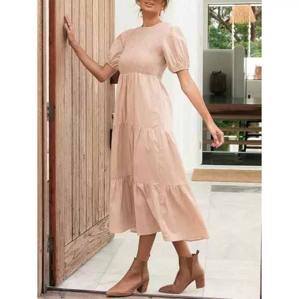 ZESICA Womens 2024 Casual Summer Crew Neck Short Puff Sleeve Smocked High Waist Ruffle Tiered A Line Midi DressPink