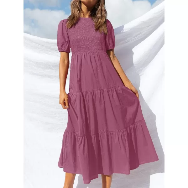 ZESICA Womens 2024 Casual Summer Crew Neck Short Puff Sleeve Smocked High Waist Ruffle Tiered A Line Midi DressPlum