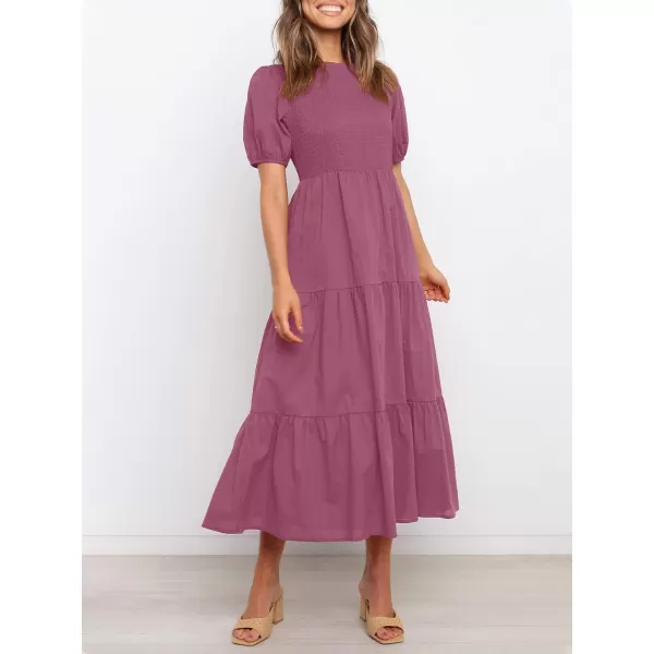 ZESICA Womens 2024 Casual Summer Crew Neck Short Puff Sleeve Smocked High Waist Ruffle Tiered A Line Midi DressPlum