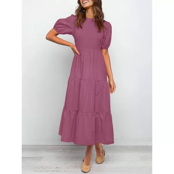 ZESICA Womens 2024 Casual Summer Crew Neck Short Puff Sleeve Smocked High Waist Ruffle Tiered A Line Midi DressPlum