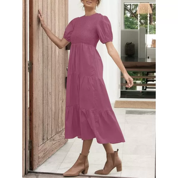 ZESICA Womens 2024 Casual Summer Crew Neck Short Puff Sleeve Smocked High Waist Ruffle Tiered A Line Midi DressPlum