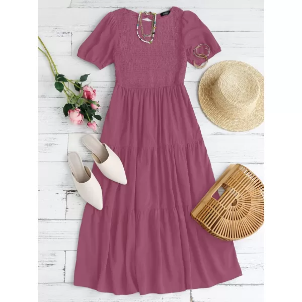 ZESICA Womens 2024 Casual Summer Crew Neck Short Puff Sleeve Smocked High Waist Ruffle Tiered A Line Midi DressPlum