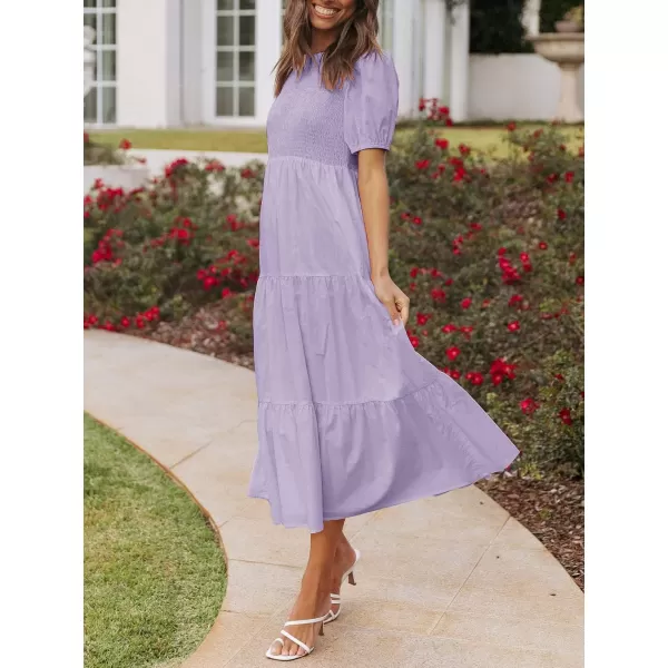 ZESICA Womens 2024 Casual Summer Crew Neck Short Puff Sleeve Smocked High Waist Ruffle Tiered A Line Midi DressPurple
