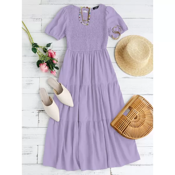 ZESICA Womens 2024 Casual Summer Crew Neck Short Puff Sleeve Smocked High Waist Ruffle Tiered A Line Midi DressPurple
