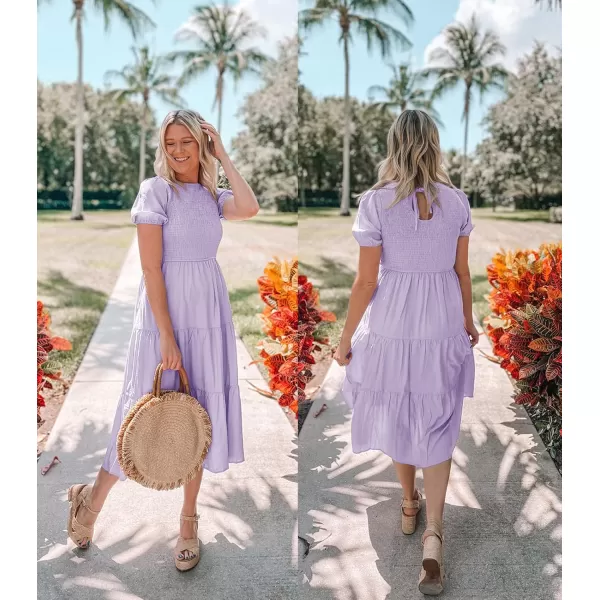 ZESICA Womens 2024 Casual Summer Crew Neck Short Puff Sleeve Smocked High Waist Ruffle Tiered A Line Midi DressPurple